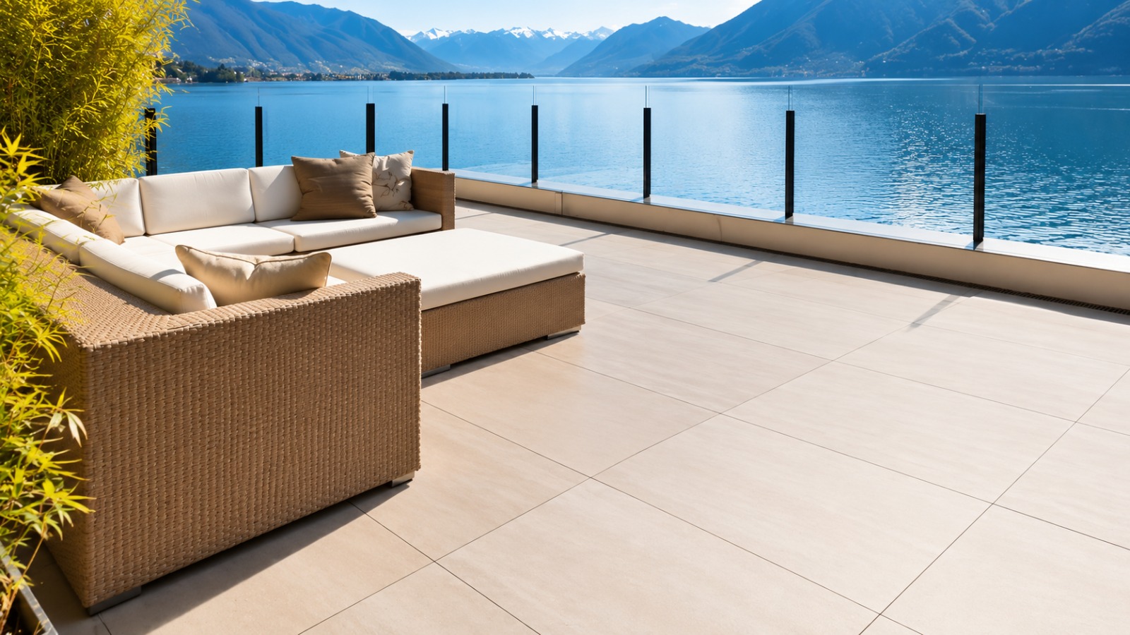 Terrasse carrelée avec vue sur le lac — Carrelage du Lac Sàrl, carreleur sur le bassin lémanique