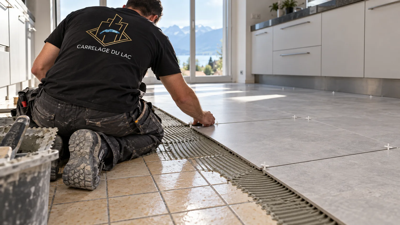 Pose d'un nouveau grès cérame sur un ancien carrelage dans une cuisine à Renens