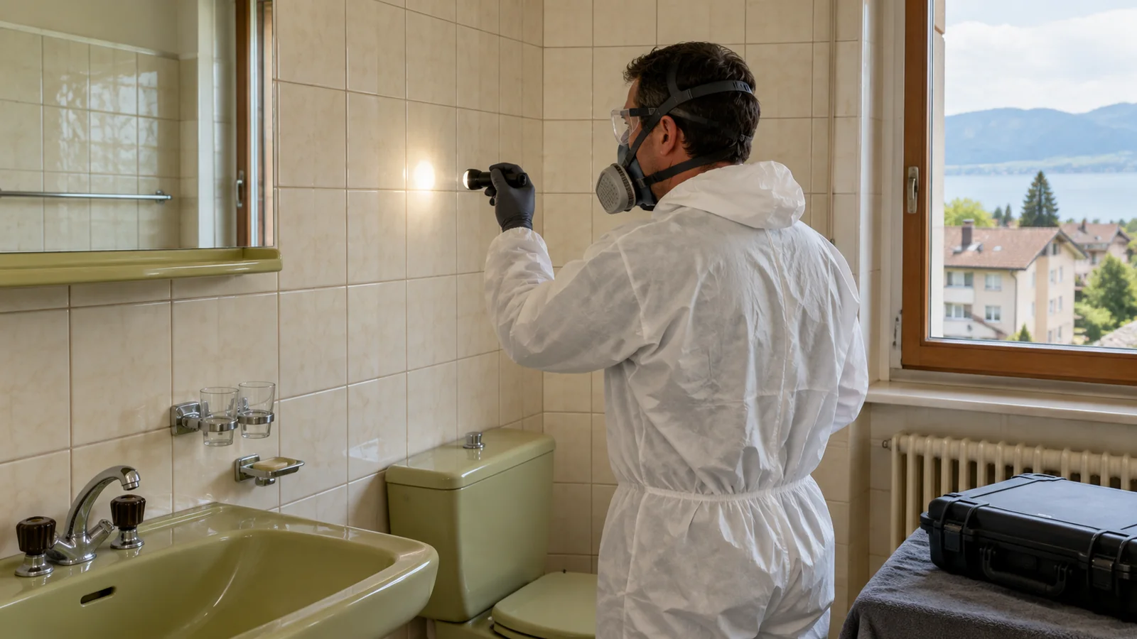 Diagnostiqueur en combinaison et masque inspectant la faïence d'une salle de bain des années 1970 avant rénovation, canton de Vaud