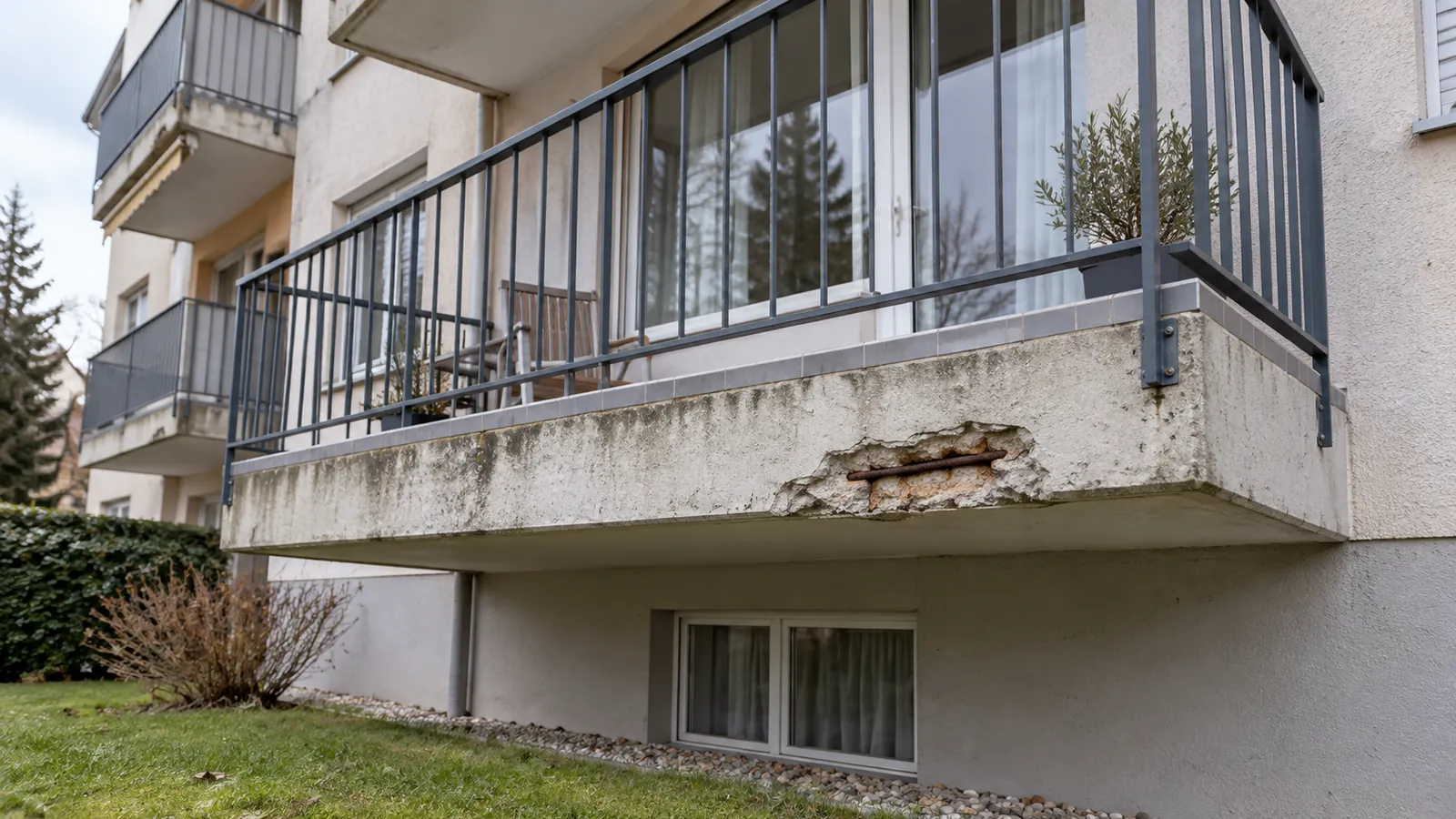 Balcon d'immeuble en PPE avec béton éclaté et armature apparente sous le carrelage, canton de Vaud