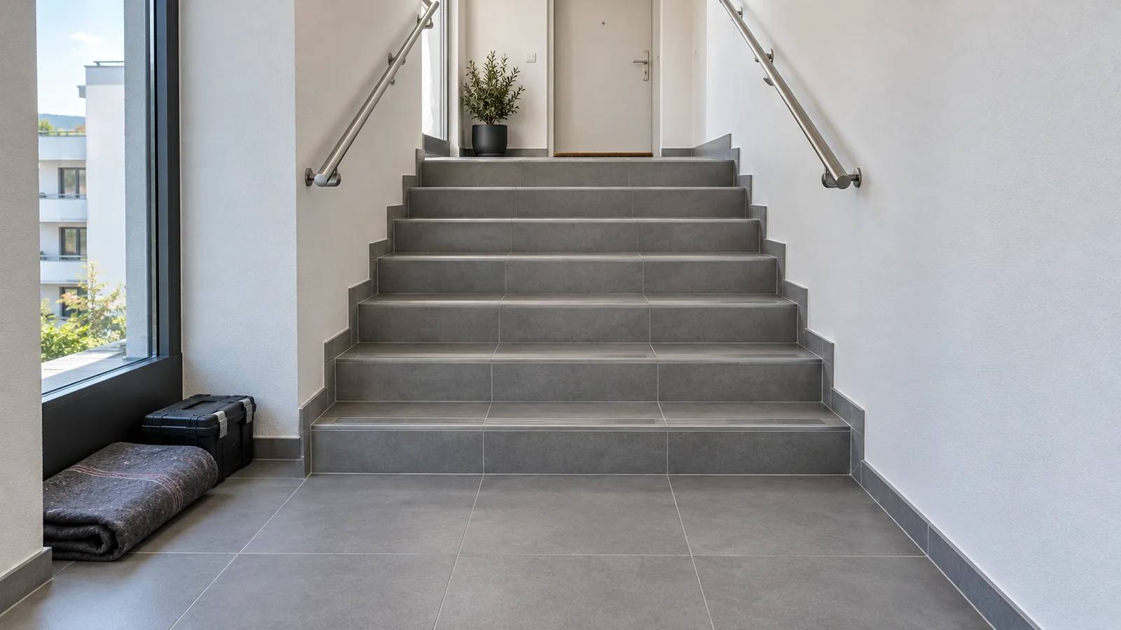 Cage d'escalier d'immeuble rénovée en grès cérame antidérapant avec nez de marche, hall d'entrée à Lausanne