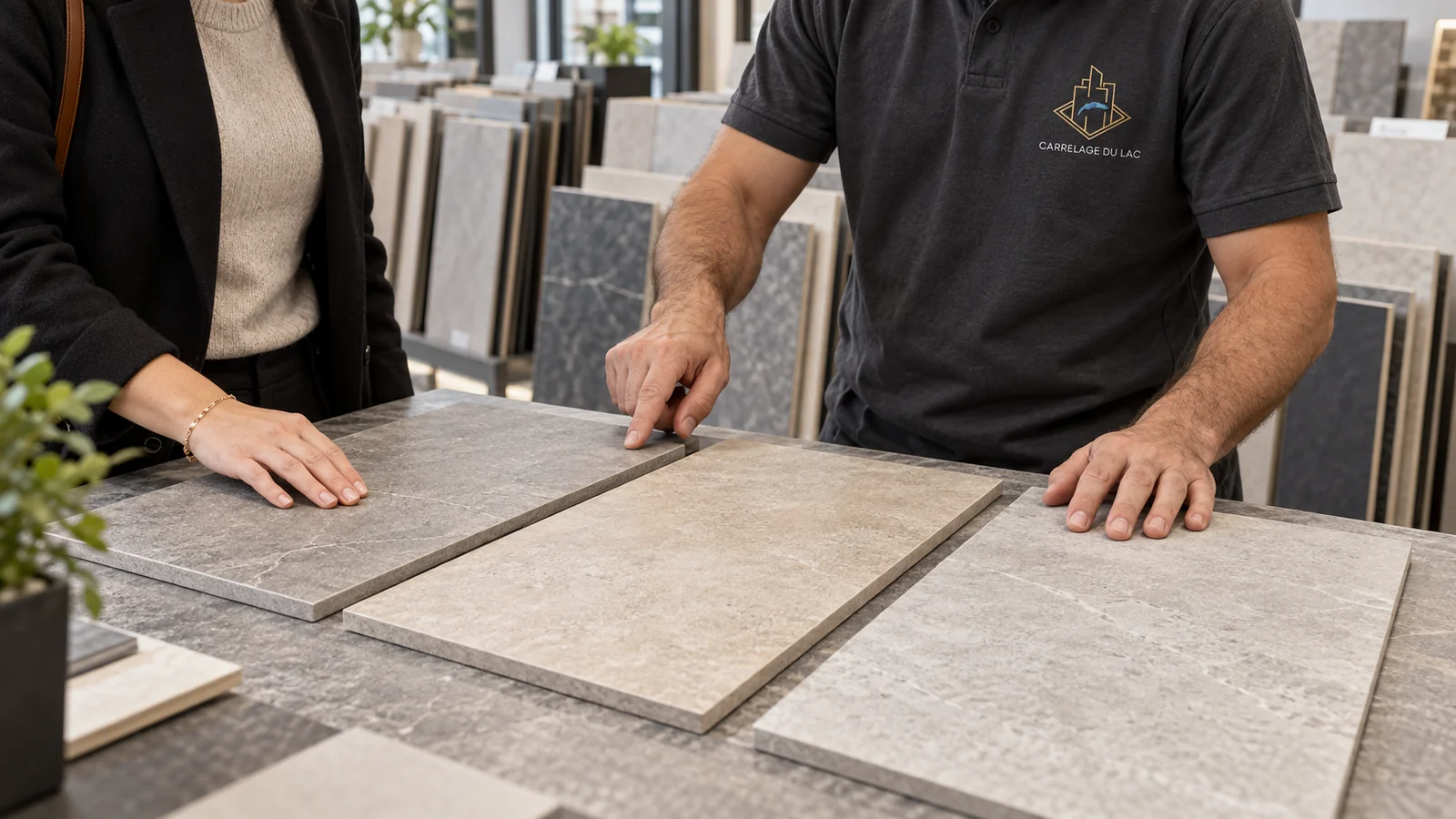 Gérante et carreleur de Carrelage du Lac comparant des échantillons de grès cérame en exposition fournisseur, Crissier