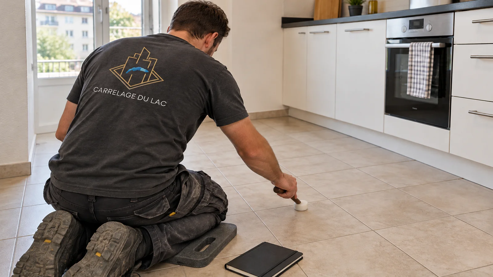 Carreleur sondant au maillet un carrelage de cuisine qui sonne creux dans un appartement locatif, Lausanne