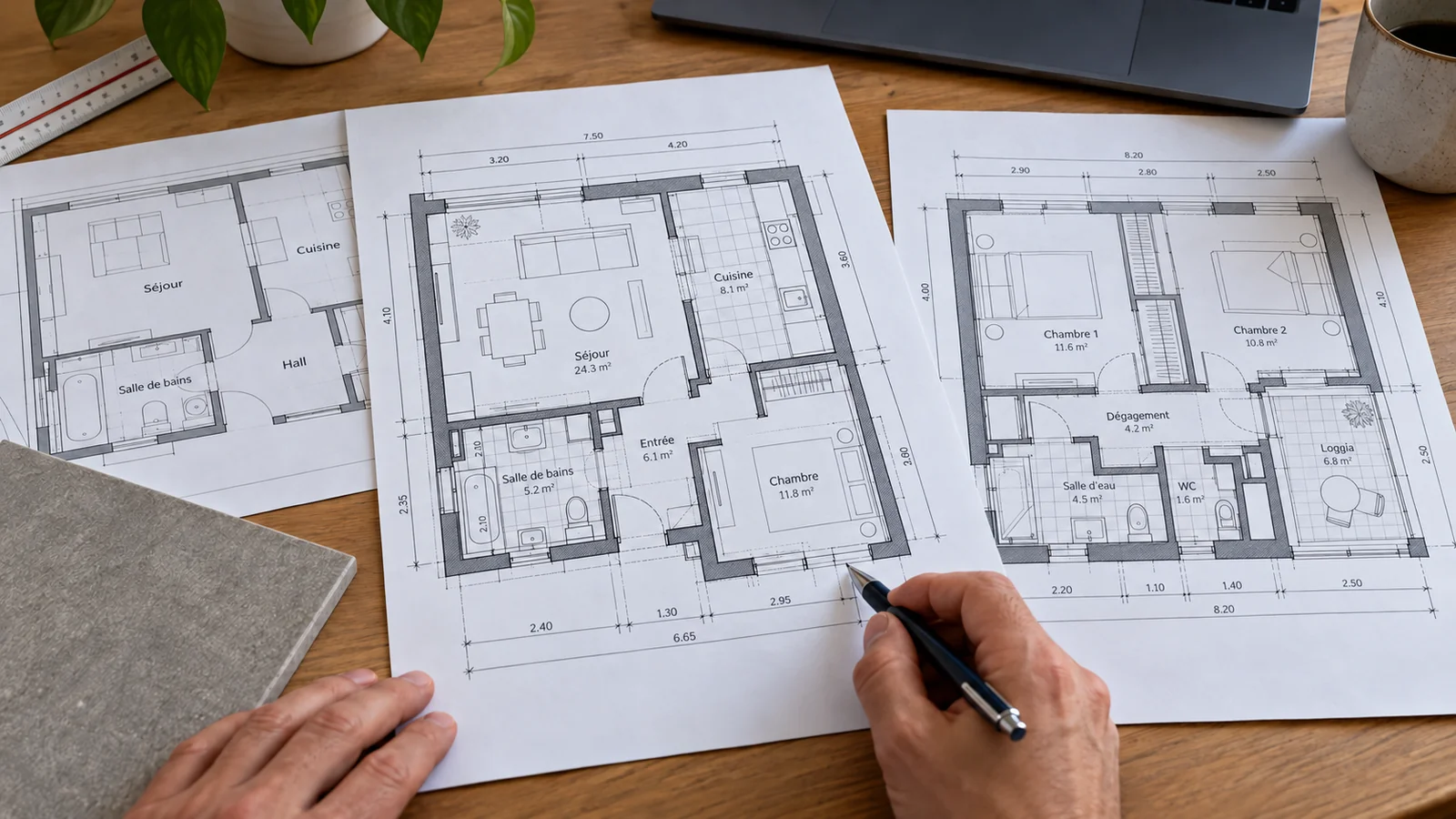 Gérant d'immeubles comparant des plans d'appartement et un échantillon de carrelage avant d'adjuger une offre, Lausanne