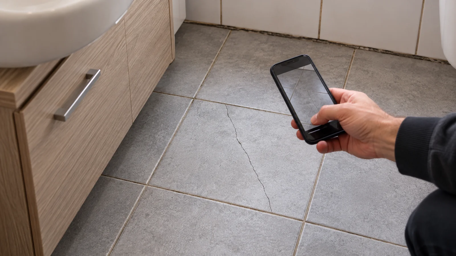 Carreau de sol fissuré photographié au smartphone lors d'un état des lieux de sortie dans une salle de bain, Lausanne