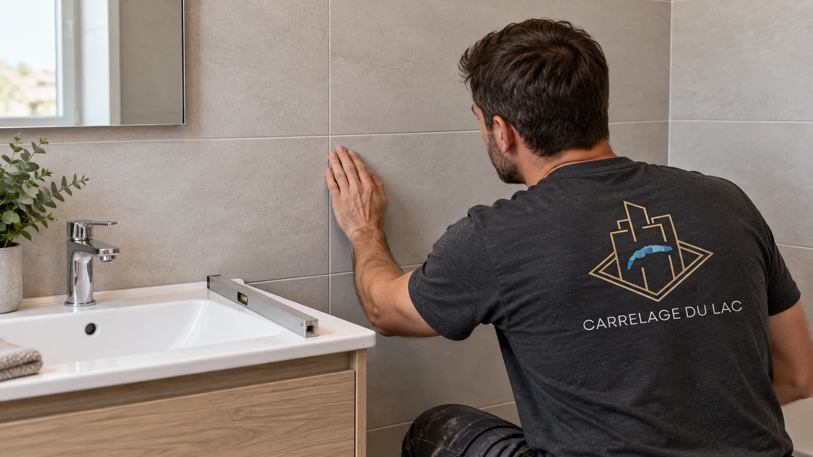 Carreleur contrôlant au niveau la planéité d'une faïence de salle de bain lors de la réception d'ouvrage, Lausanne