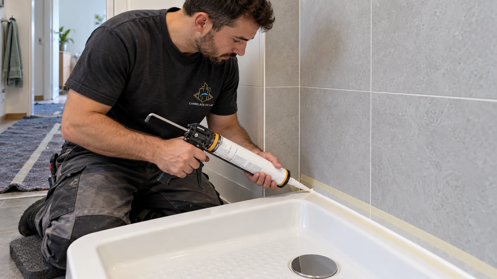 Carreleur posant le joint silicone d'un receveur de douche dans une salle de bain d'appartement occupé, Lausanne